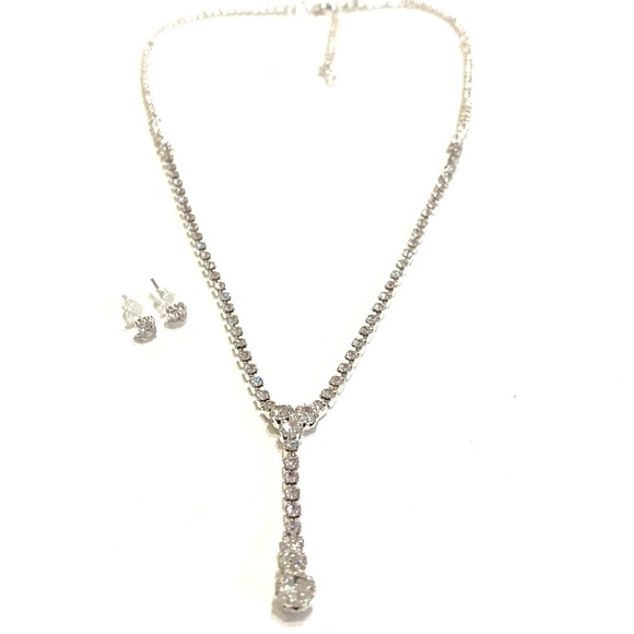 Y Necklace Earrings Set Silver Tone Rhinestone - Picture 2 of 5
